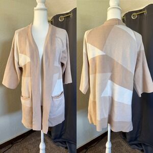H by Halston Tan Geometric Colorblock Open Front Cardigan Sweater Pockets Small